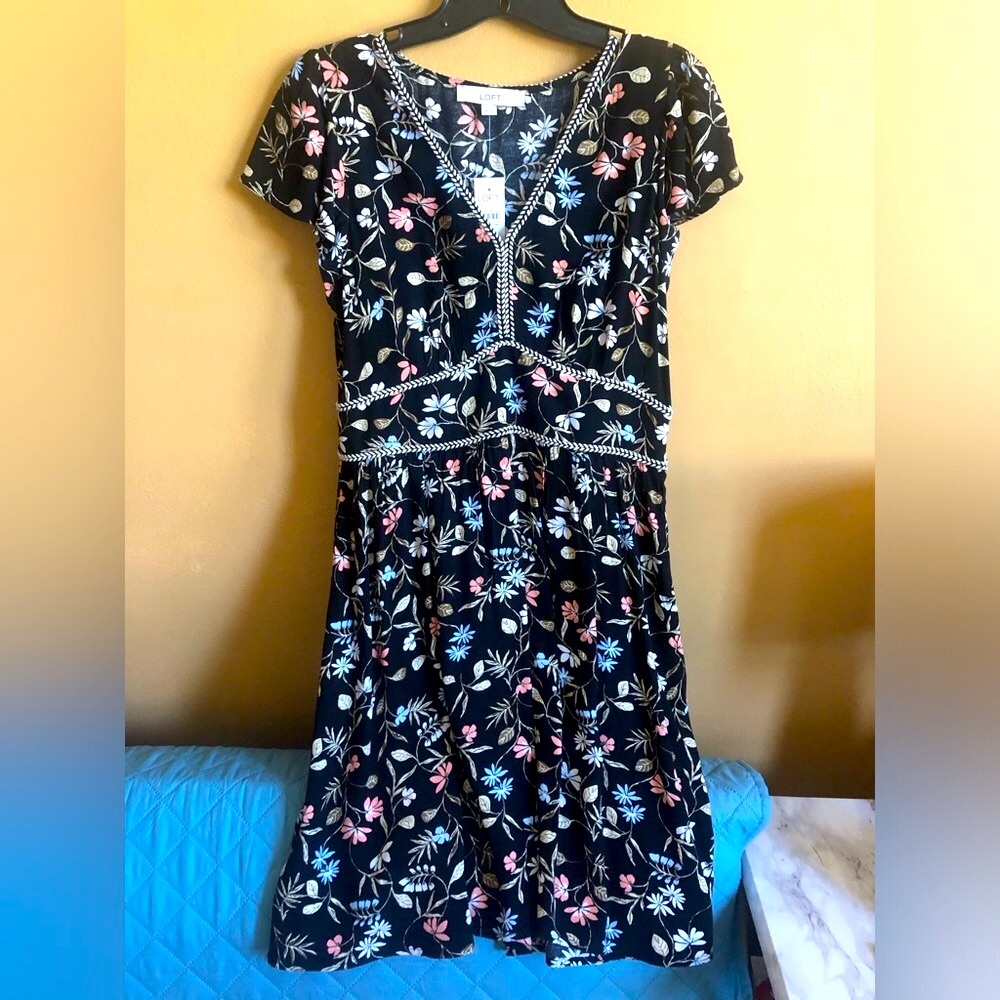 LOFT Black Floral Flutter V-Neck NEW Dress